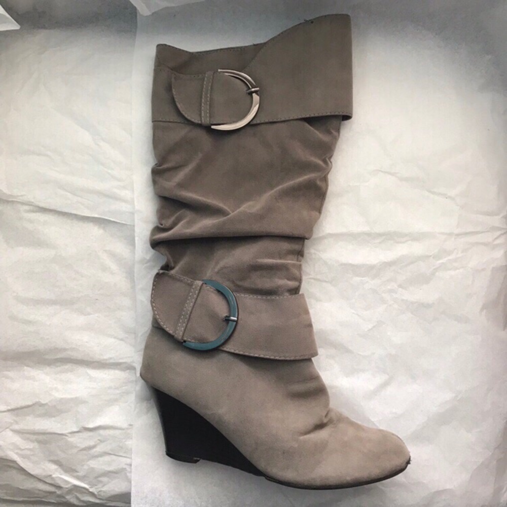 Adorable beige green knee high boots.